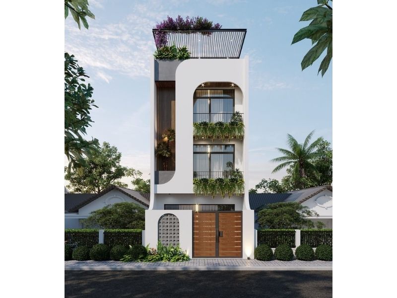 Nhà phố 90m2 4 tầng gam màu trắng