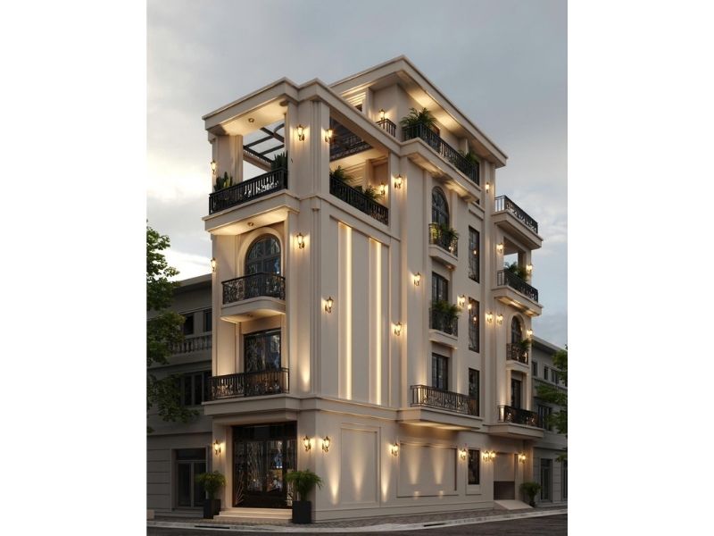 Nhà phố 2 mặt tiền tân cổ điển gam màu trắng