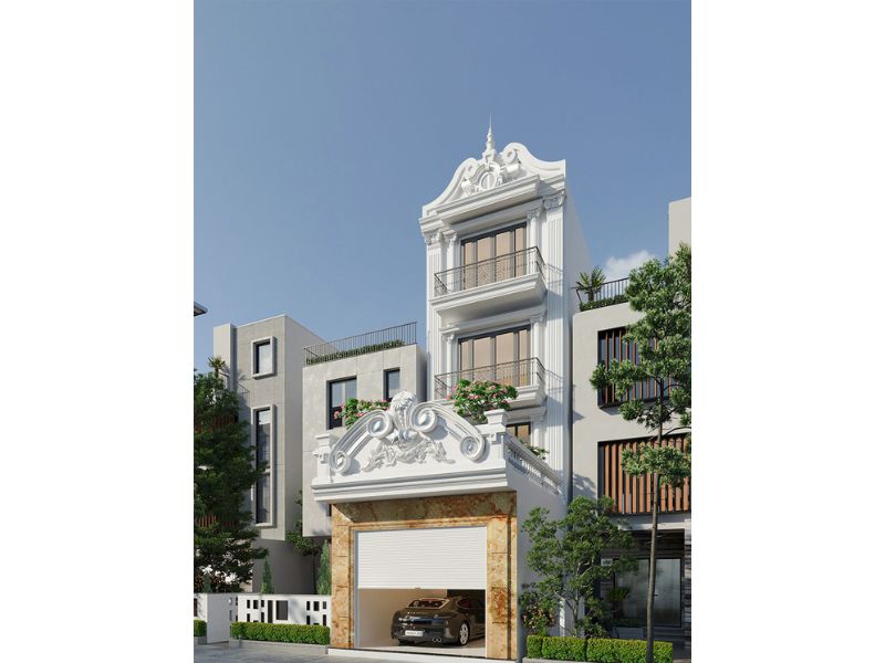 Kiến trúc nhà đẹp 4 tầng tân cổ có gara rộng