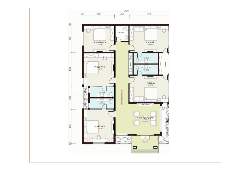 Mặt bằng công năng thiết kế nhà mái thái 1 tầng 5 phòng ngủ có diện tích 204m2 