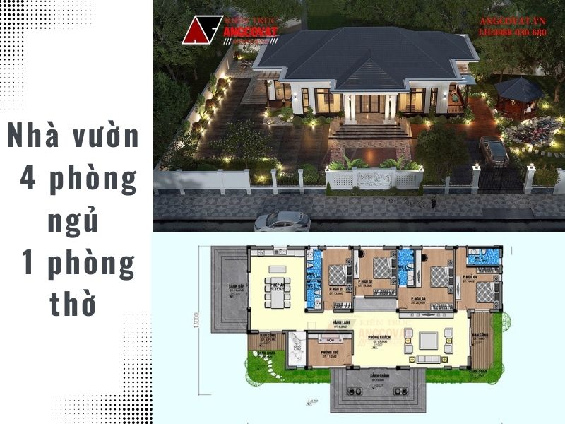 Mặt bằng nhà vườn cấp 4 4 phòng ngủ 1 phòng thờ mái Nhật