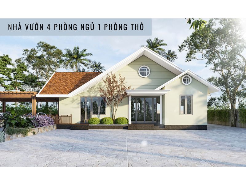 Mẫu nhà vườn 4 phòng ngủ 1 tầng mái ngói đỏ truyền thống