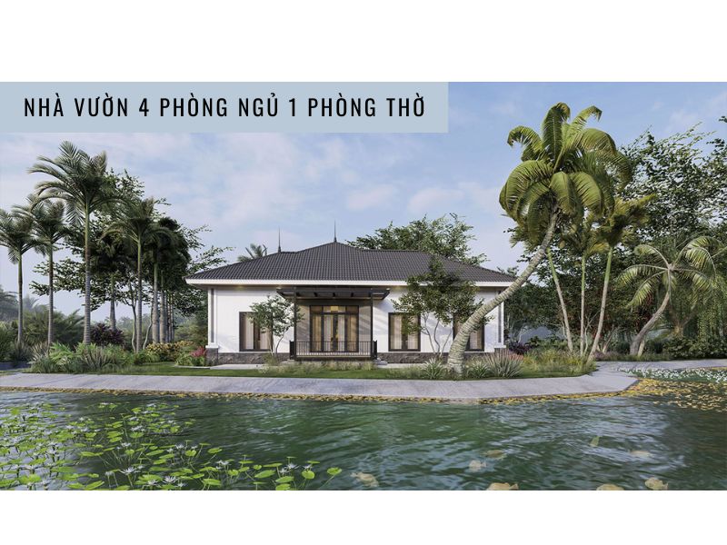 Nhà vườn cấp 4 mái Nhật có ao cá to trước nhà