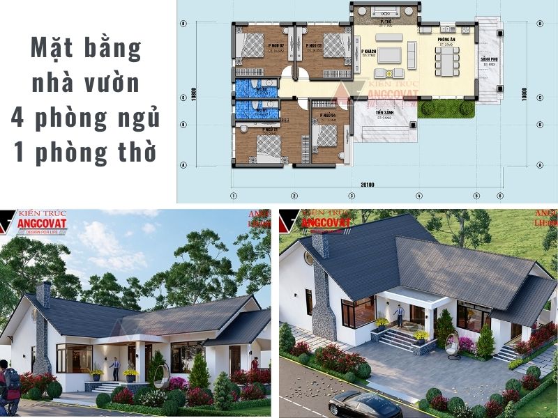Bản vẽ mặt bằng nhà vườn 4 phòng ngủ 1 phòng thờ 1 tầng mái Thái