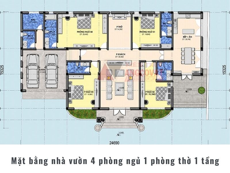 Bản vẽ mặt bằng nhà vườn 4 phòng ngủ có gara ô tô mặt tiền rộng 