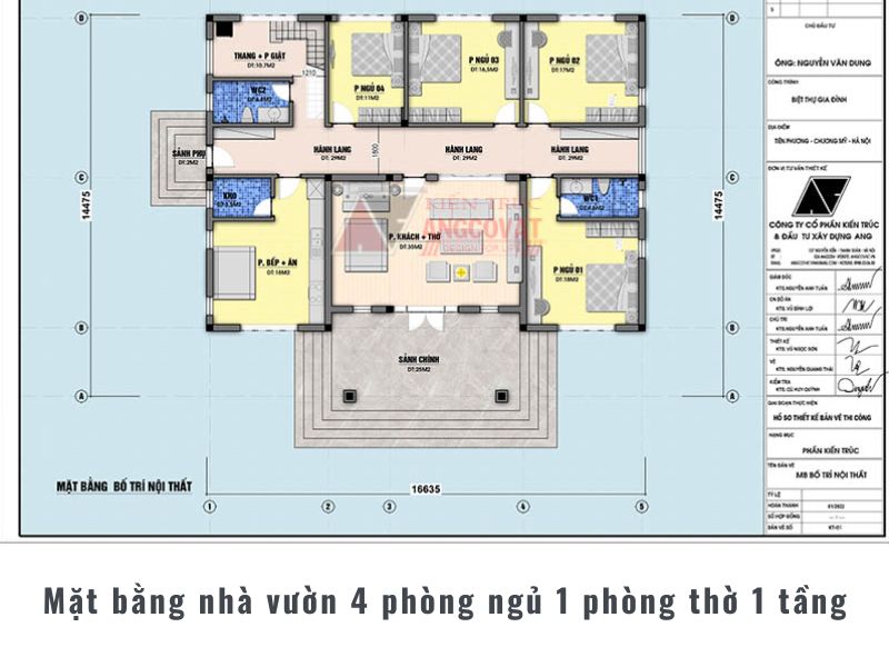 Bản vẽ mặt bằng nhà vườn cấp 4 4 phòng ngủ có phòng thờ và phòng khách tích hợp
