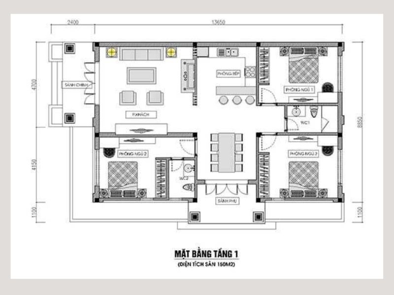 Bản vẽ công năng mẫu thiết kế nhà cấp 4 mái thái 3 phòng ngủ