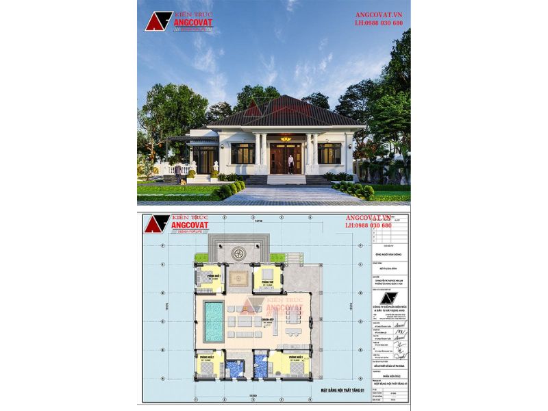 Kiến trúc mặt bằng biệt thự 1 tầng trên lô đất 500m2