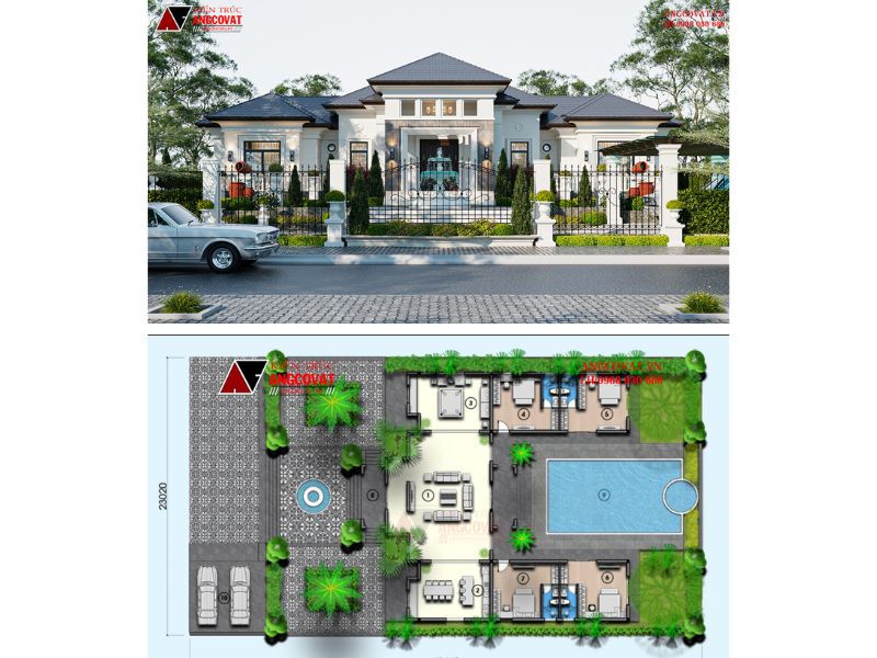 Mặt bằng biệt thự 1 tầng tân cổ 150m2