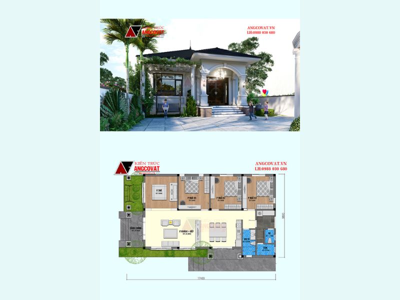 Mặt bằng nhà tân cổ 1 tầng 150m2