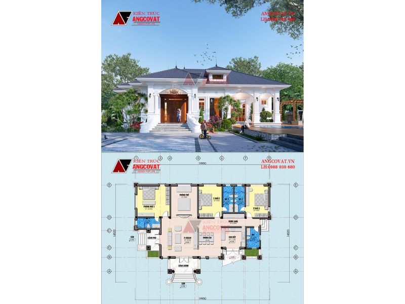 Mặt bằng biệt thự 1 tầng tân cổ có bể bơi