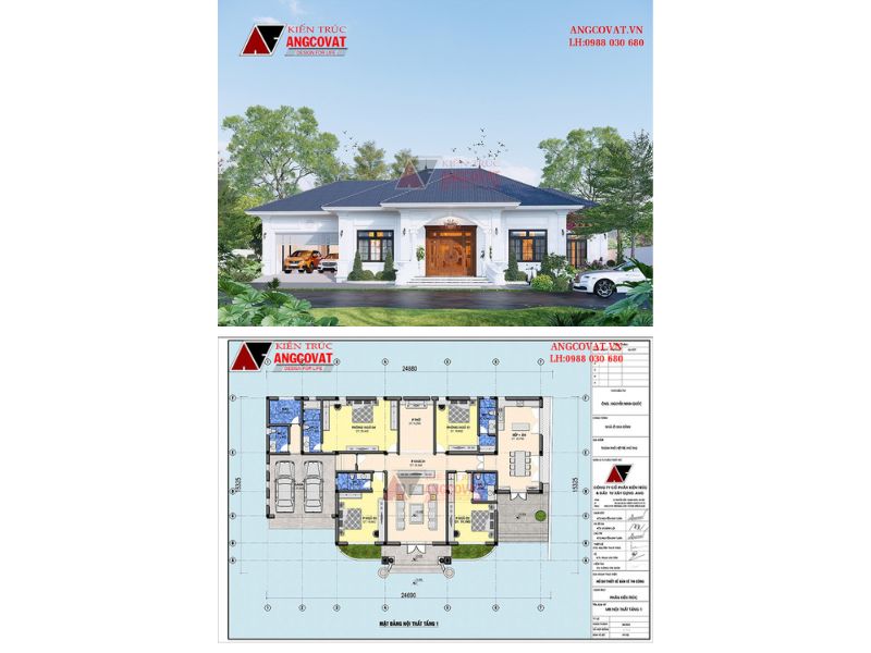 Mặt bằng biệt thự 1 tầng tân cổ điển 4 phòng ngủ