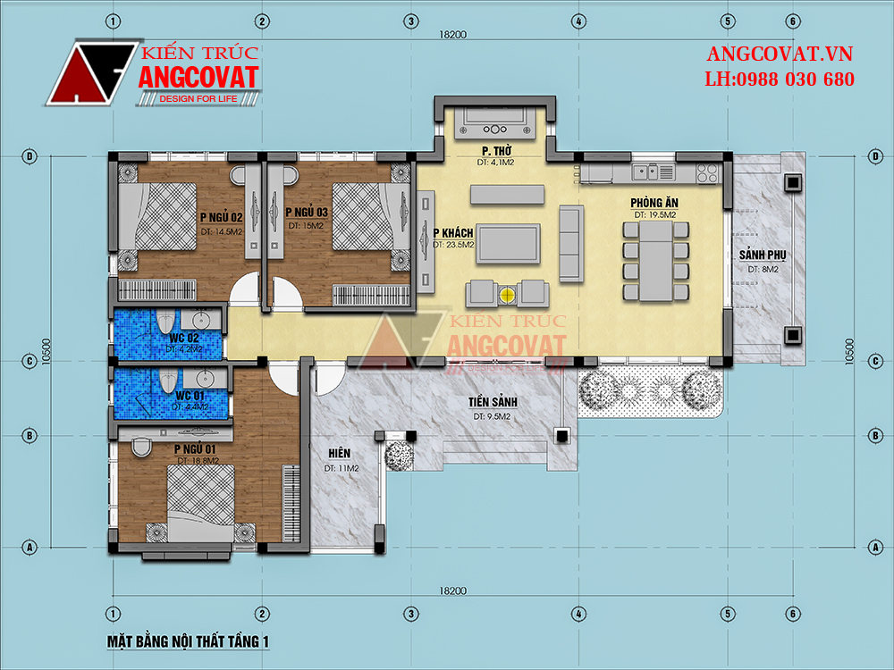 Mặt bằng nhà cấp 4 3 phòng ngủ chữ L nông thôn