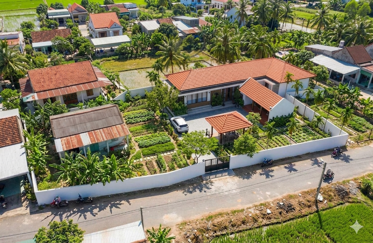 Bản vẽ phối cảnh tổng thể ngôi nhà cấp 4 chữ L chuẩn đẹp ở nông thôn