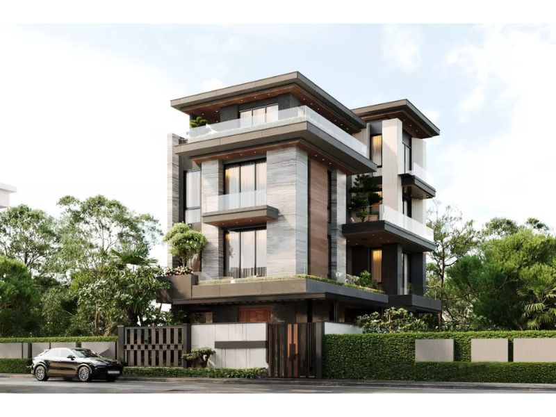 Các hình khối vuông vức linh hoạt đua thụt tạo nên chiều sâu thẩm mỹ cho mẫu biệt thự 5 tỷ 