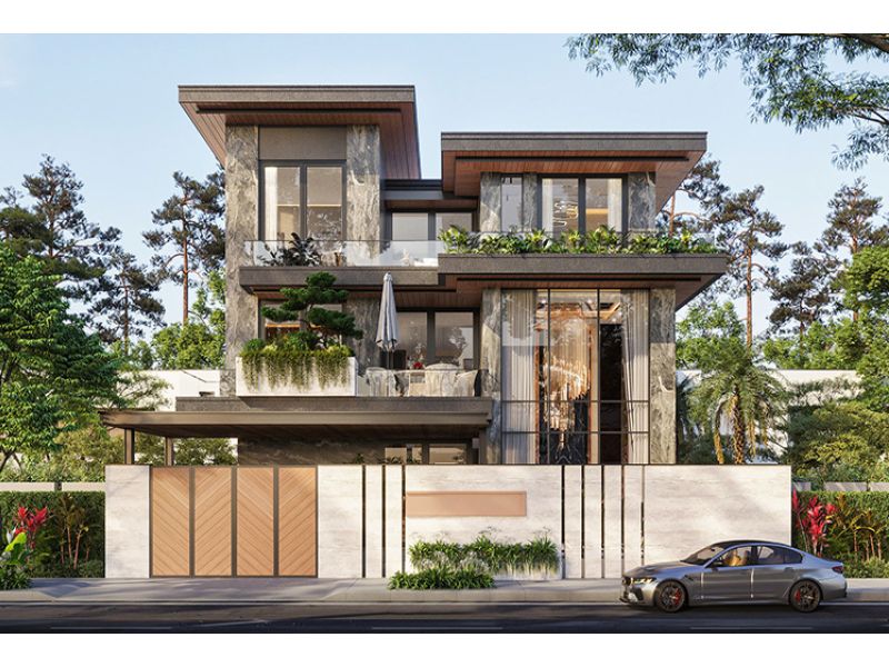 Xây biệt thự 5 tỷ với mặt tiền ốp gạch vân đá vừa hiện đại, sạch sẽ lại giúp ngăn chặn bụi bẩn 