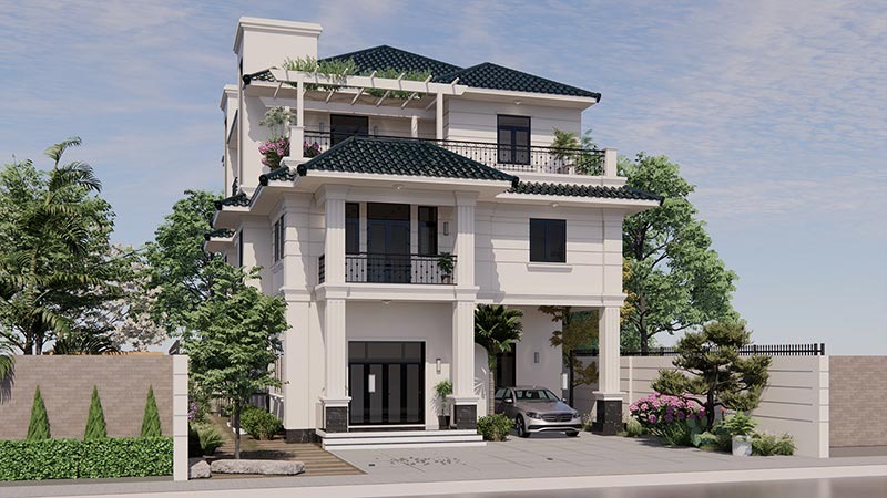 Sử dụng hệ mái Nhật tăng sự bề thế và phát huy công năng thoát nước, chống nóng cho mẫu biệt thự 3 tầng tân cổ 