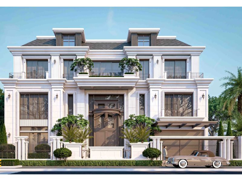 Mặt tiền biệt thự 5 tỷ bố trí đối xứng thể hiện sự bề thế, sang trọng 