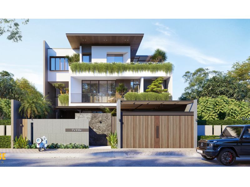 Mẫu biệt thự 5 tỷ đồng với ban công đua rộng trồng tiểu cảnh  