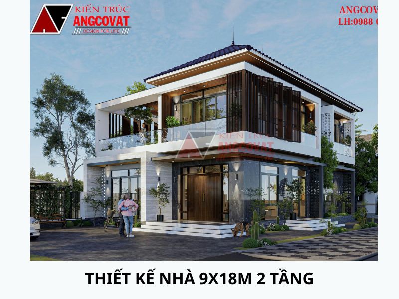 Kiến trúc nhà 2 tầng mái Nhật 9x18m bề thế