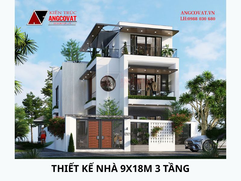 Nhà hiện đại 3 tầng mặt tiền 9m mái bằng