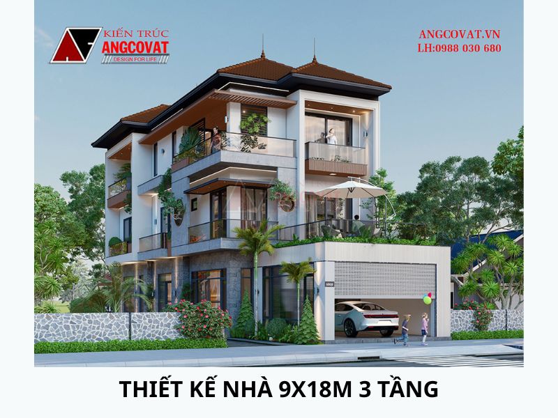 Thiết kế nhà 9x18m 3 tầng mái nhật có gara