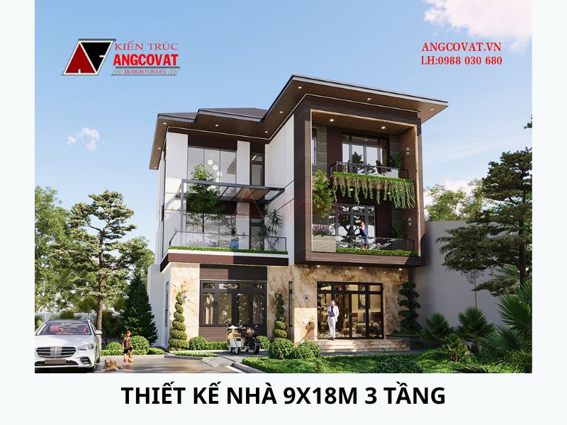 Kiến trúc biệt thự 3 tầng chữ L 9x18m