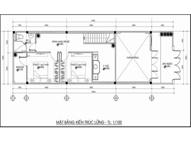 Bản vẽ mặt bằng tầng lửng nhà 5x20m 1 tầng