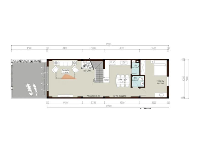 Mặt bằng công năng tầng 1 nhà 2 tầng 100m2