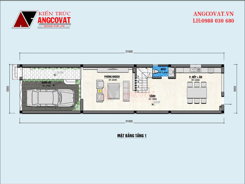 Công năng mặt bằng khu vực tầng 1 nhà 3 tầng 100m2