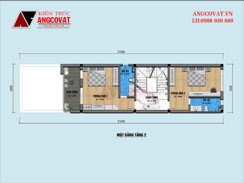 Công năng mặt bằng khu vực tầng 2 nhà 3 tầng 100m2