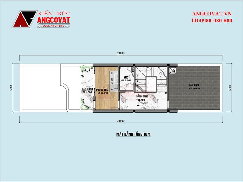 Công năng mặt bằng khu vực tầng tum nhà 3 tầng 100m2