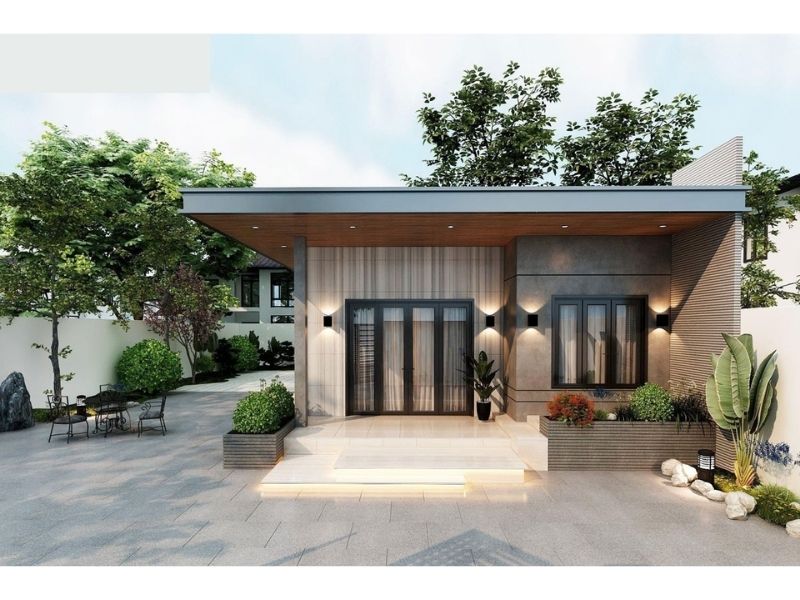 Mặt tiền nhà 1 tầng mái bằng 100m2 ốp đá cao cấp vừa sạch sẽ lại tăng sự hiện đại