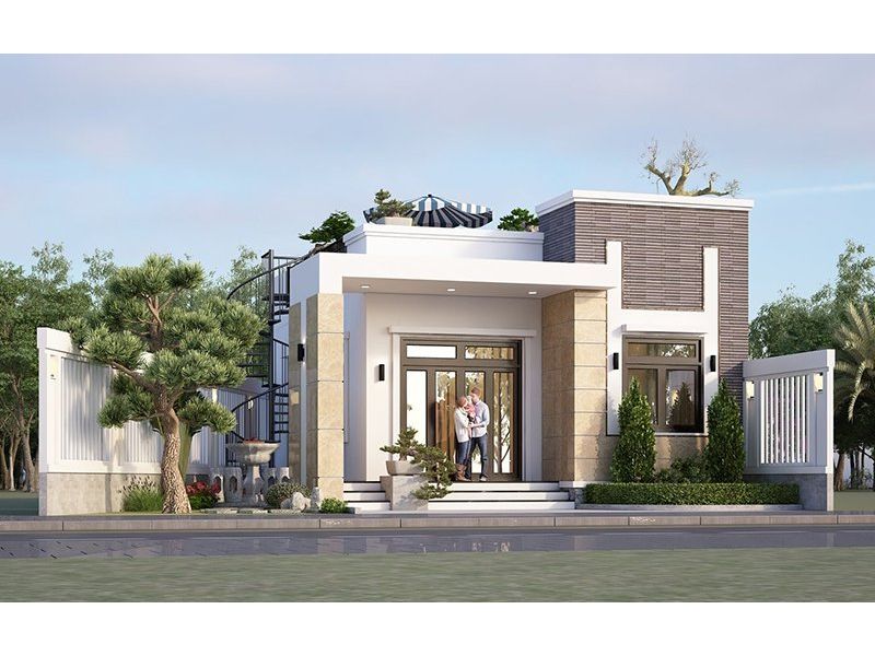Mẫu nhà 1 tầng mái bằng 100m2 có sân thượng thoáng đãng