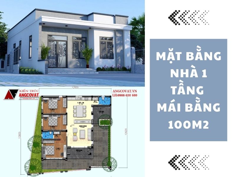 Tư vấn cách bố trí mặt bằng nhà 1 tầng 100m2 mái bằng hiện đại