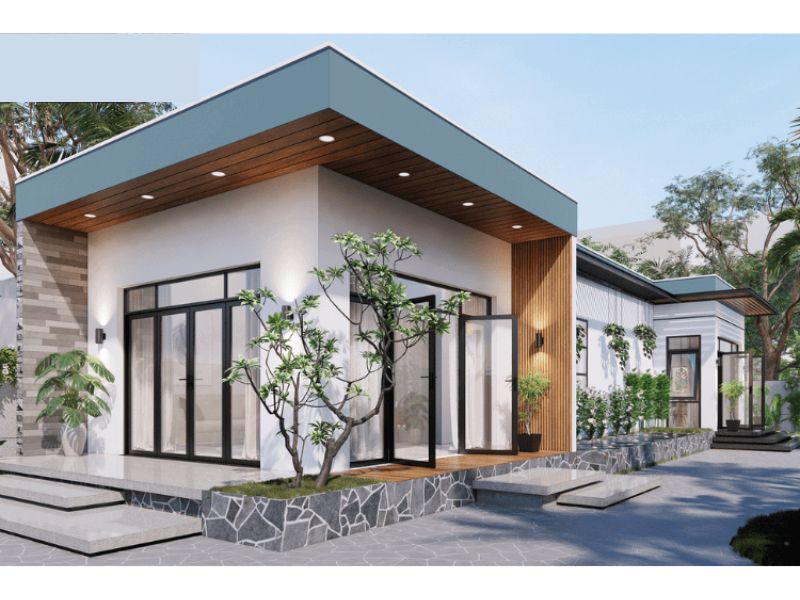 Chia sẻ mẫu nhà 1 tầng mái bằng hiện đại 2 mặt tiền kính 