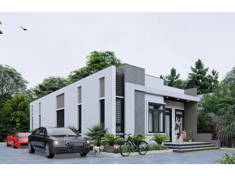 Hình khối vuông vức tôn lên vẻ đẹp mạnh mẽ, hiện đại của ngôi nhà 1 tầng 100m2 