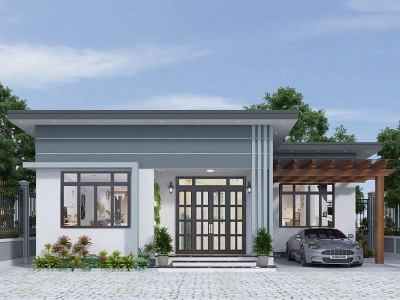 Mẫu nhà 1 tầng mái bằng có chỗ để xe ô tô tiện lợi