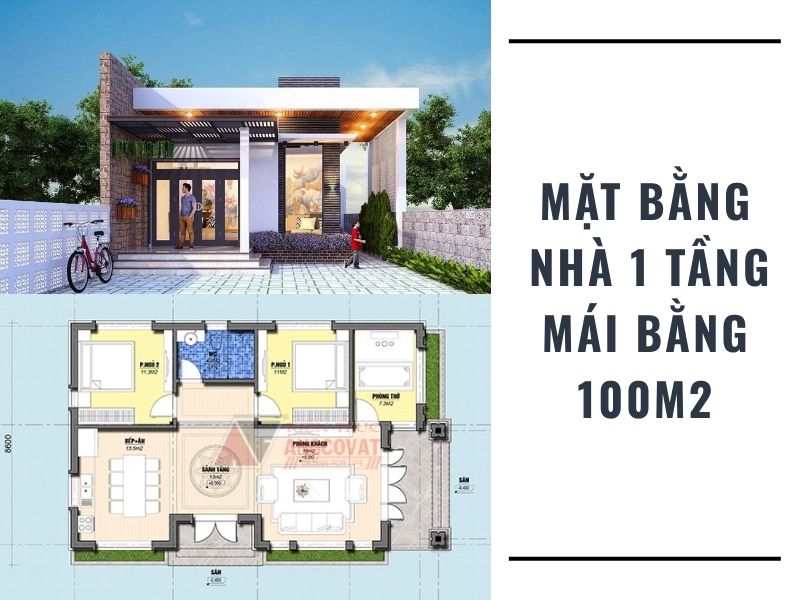 Mặt bằng nhà 1 tầng mái bằng 100m2 2 phòng ngủ có phòng thờ