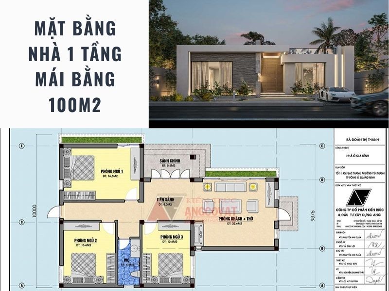 Thiết kế mặt bằng nhà 1 tầng mái bằng 100m2 3 phòng ngủ 