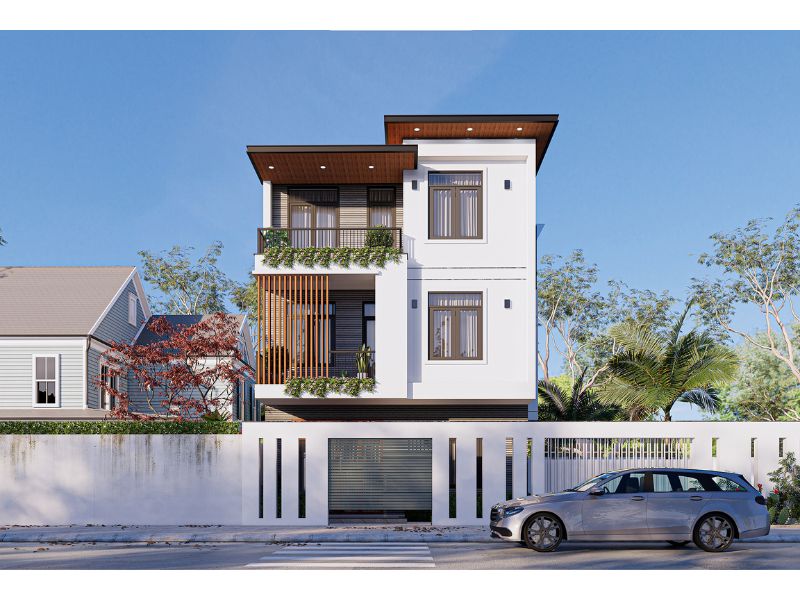 Thiết kế biệt thự 3 tầng 8x12m với hình khối vuông vức, ban công đua rộng thoáng đãng