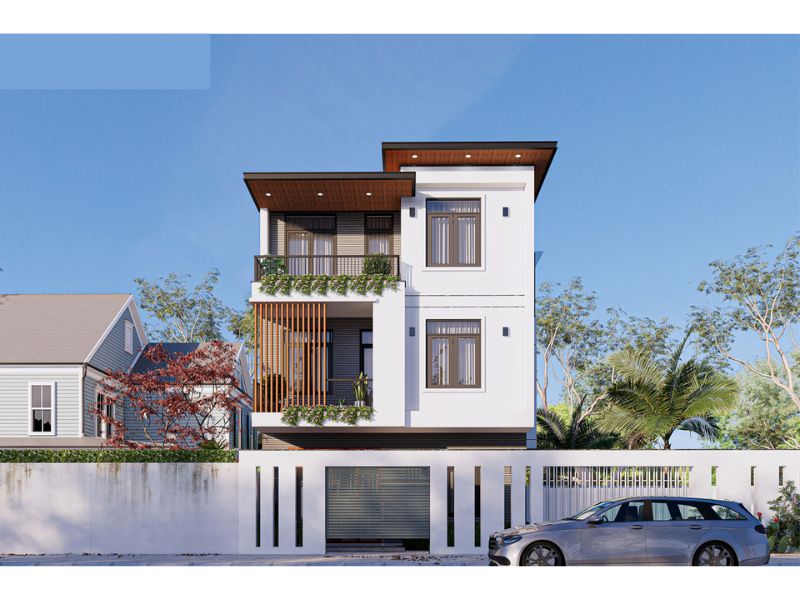Mặt tiền biệt thự 3 tầng ngang 8m dài 12m thiết kế lam chắn giúp ngăn chặn ánh nắng và tạo độ thông thoáng 