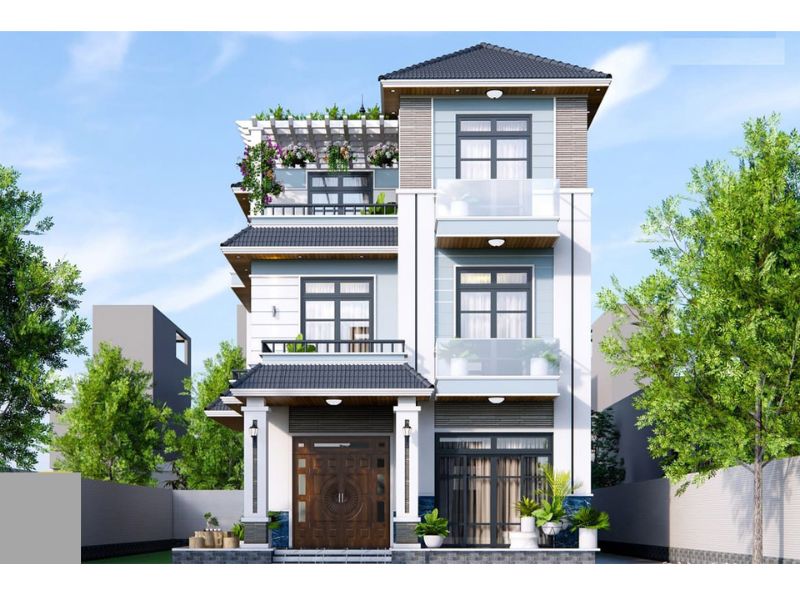 Kiến trúc biệt thự 3 tầng theo phong cách tân cổ điển nhẹ nhàng với ban công rộng và hệ mái Nhật sang trọng   
