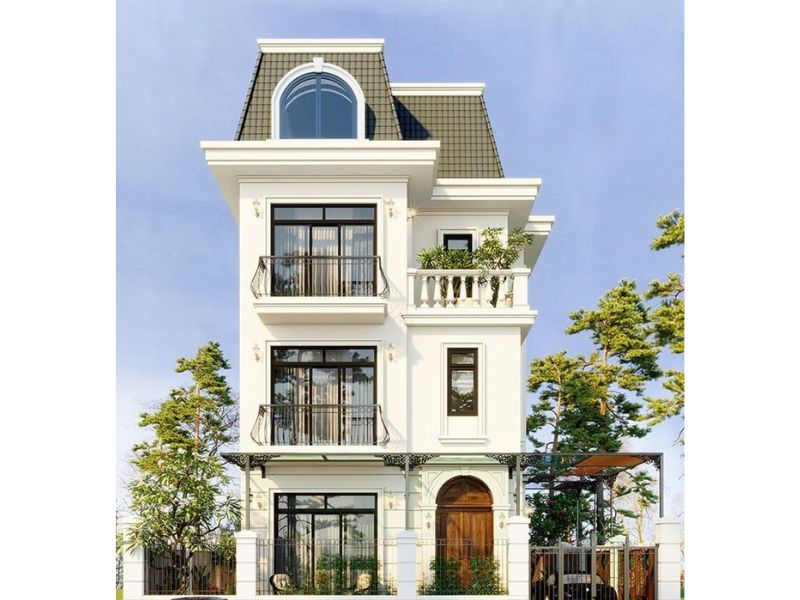Biệt thự 3 tầng 8x12m với tông màu trắng nổi bật, thanh lịch