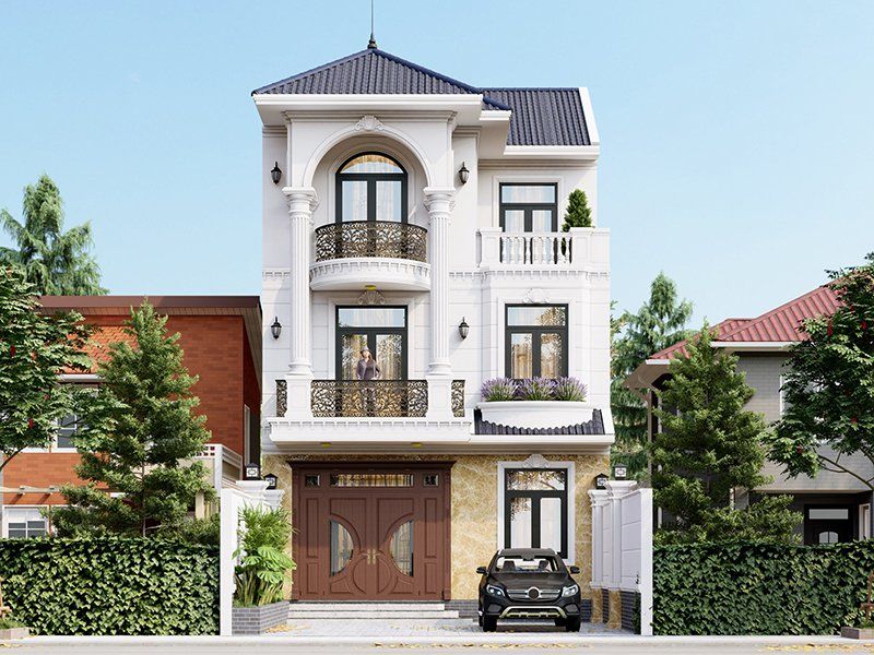 Hệ trụ cột lớn trong mẫu biệt thự 3 tầng vừa tạo sự bề thế lại hỗ trợ nâng đỡ phần mái 