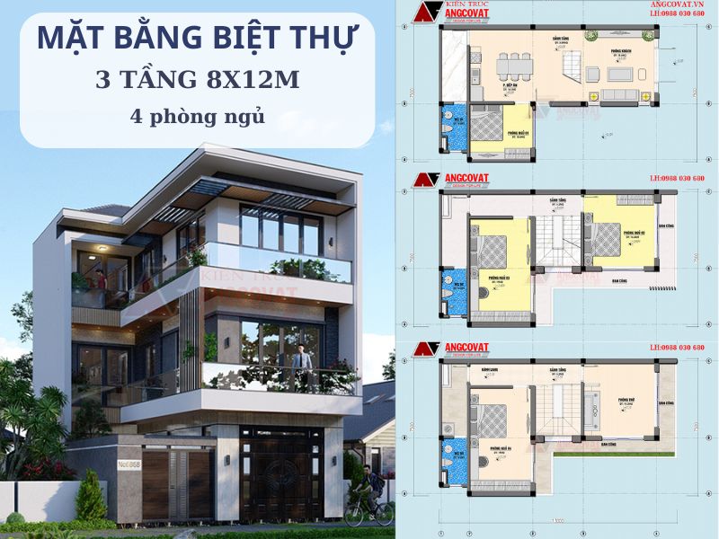 Bố trí công năng biệt thự 3 tầng 8x12m 4 phòng ngủ 