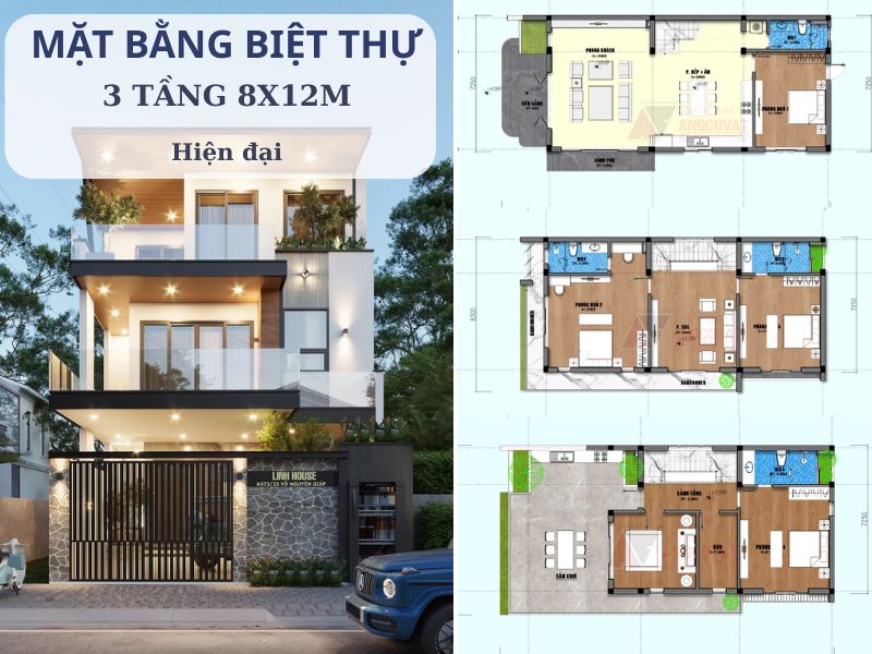 Bản vẽ mặt bằng biệt thự 3 tầng ngang 8m dài 12m hiện đại 