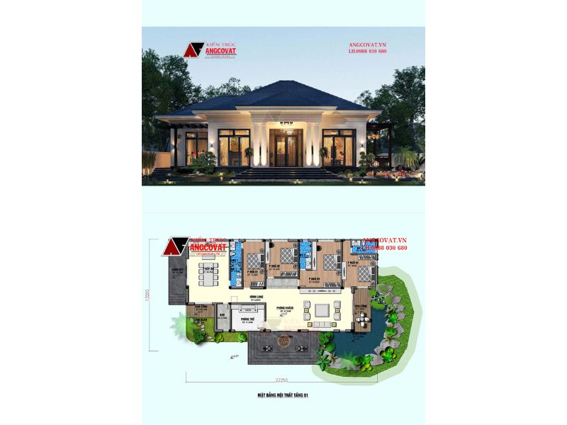 Mặt bằng biệt thự 1 tầng mái Nhật hiện đại