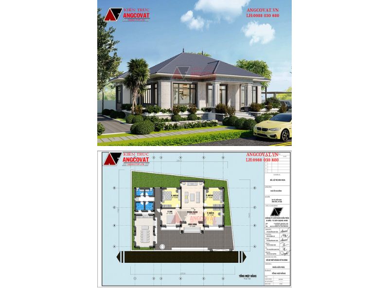 Mặt bằng biệt thự 1 tầng mái Nhật hiện đại gam màu xám