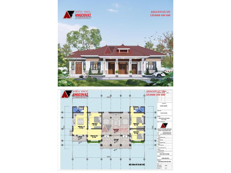 Mặt bằng biệt thự 1 tầng 180m2 mái ngói đỏ